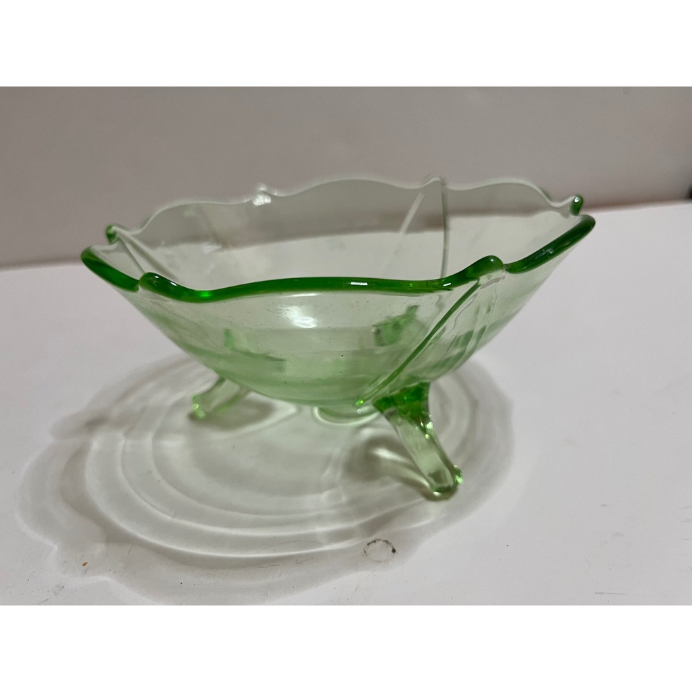 Vintage Green Vaseline Glass Bowl Candy Dish Trinket Footed Bowl